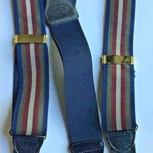 IBEX suspenders braces, Burgundy,gray & navy stripe fabric, brass tabs England
